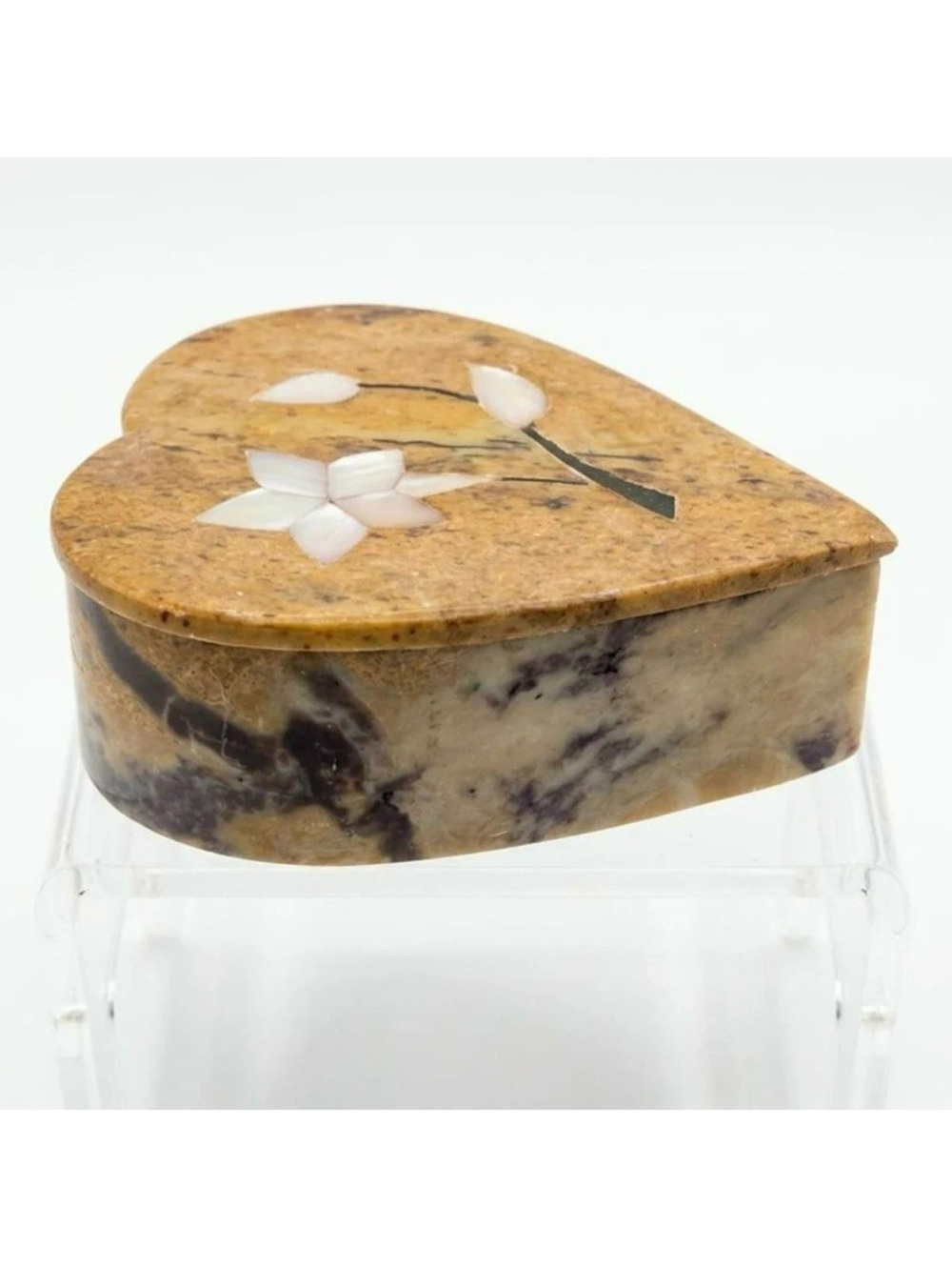 Vintage Soapstone Heart Trinket Box Hand Carved Floral Inlay Jewelry Keeper Dish